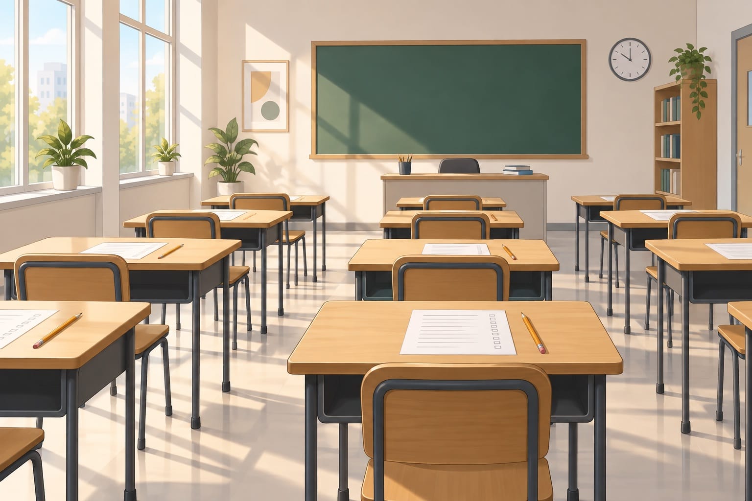 Sală de examen pregătită pentru partea scrisă a examenului de certificat B1 de limba polonă