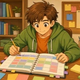 A learner revising Polish grammar for the B1 exam — a case table and notes on the desk