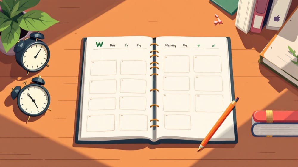 A calendar with a daily study plan for the Polish B1 exam, books and a clock