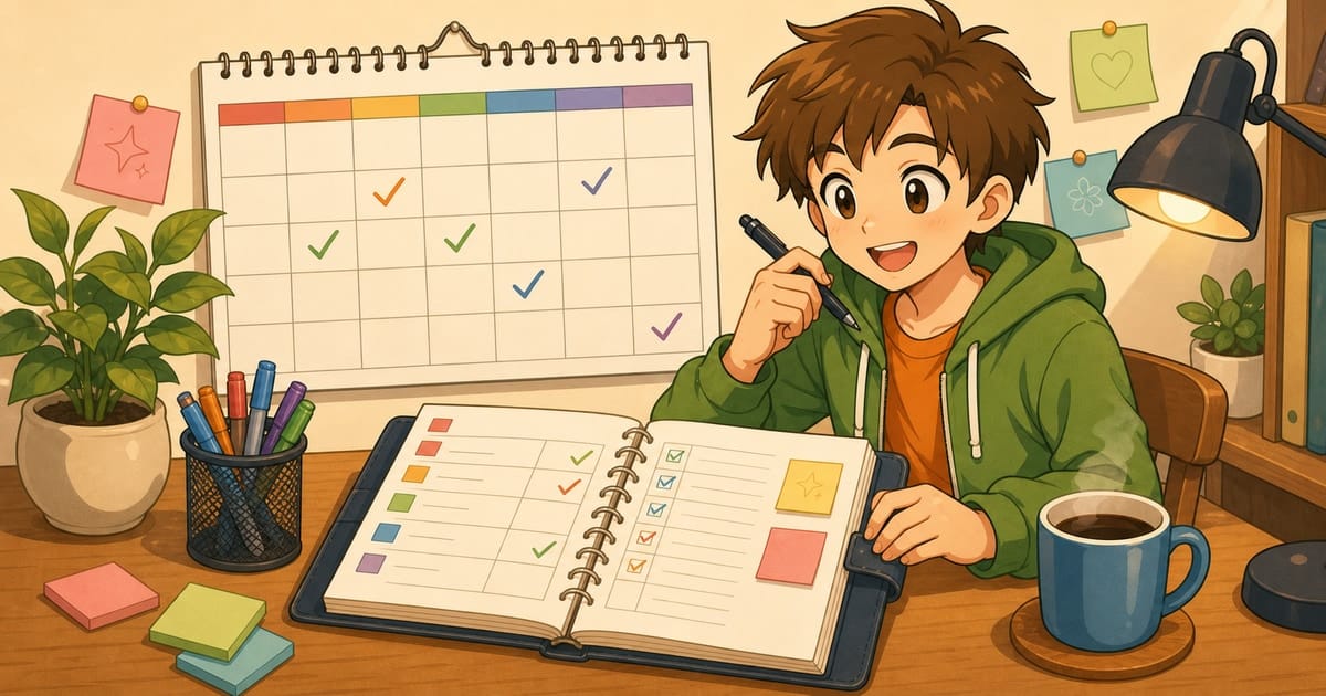A calendar with a B1 exam study plan and a notebook with tasks for eight weeks