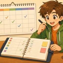 A calendar with a B1 exam study plan and a notebook with tasks for eight weeks