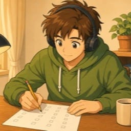 A candidate listening to a recording in headphones and solving tasks in the Polish B1 exam
